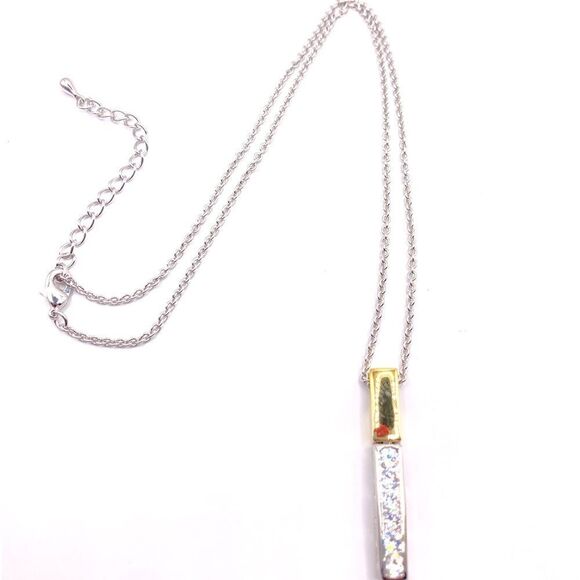 Jewelry - Silver and Gold Mixed Metal Rhinestone Bar Pendant Necklace
